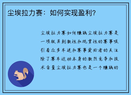 尘埃拉力赛：如何实现盈利？