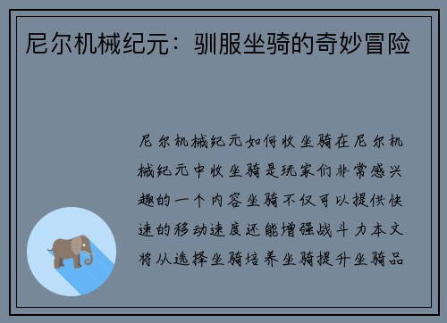 尼尔机械纪元：驯服坐骑的奇妙冒险