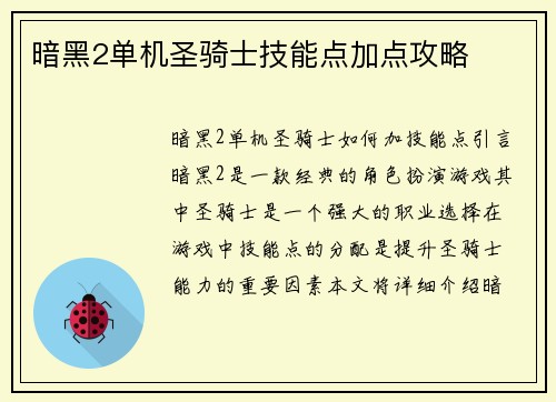 暗黑2单机圣骑士技能点加点攻略